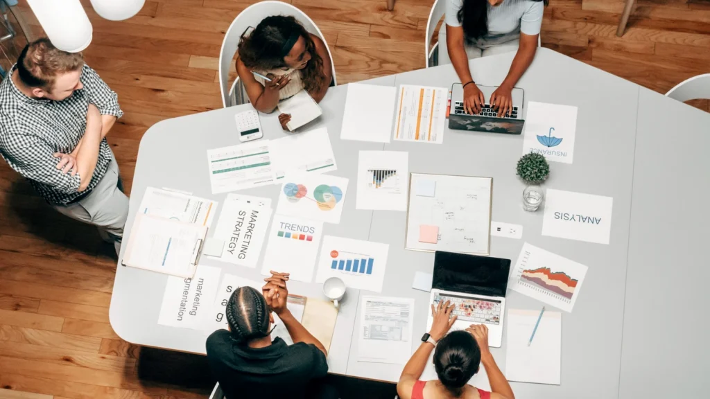 marketing team discussing a content project in an office