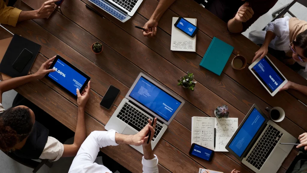 business team discussing a customer support workflow in a meeting